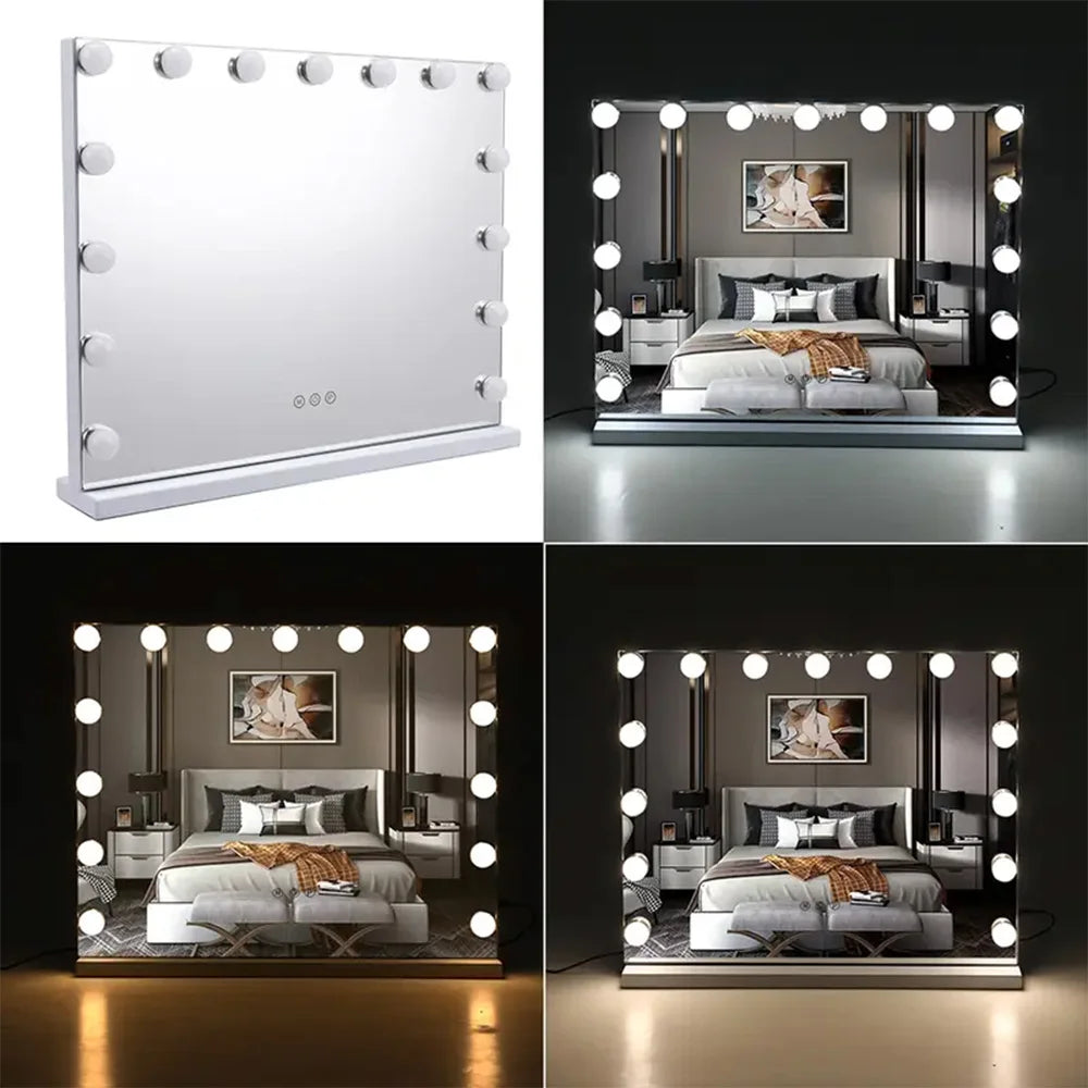 European American Style Bedroom LED Desktop Vanity Mirror 58×46cm 3 Color Modes USB Port Large Lighted with 15 Bulbs