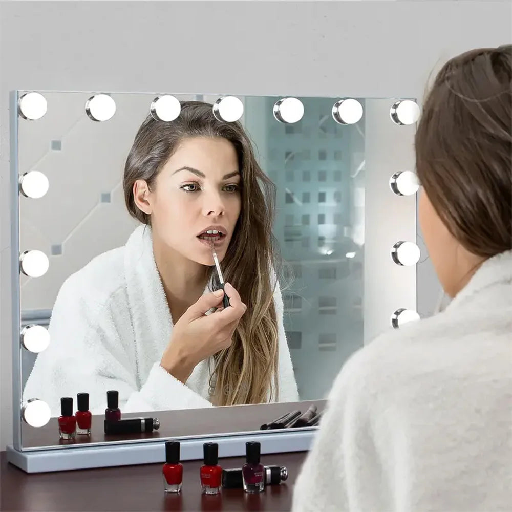 European American Style Bedroom LED Desktop Vanity Mirror 58×46cm 3 Color Modes USB Port Large Lighted with 15 Bulbs