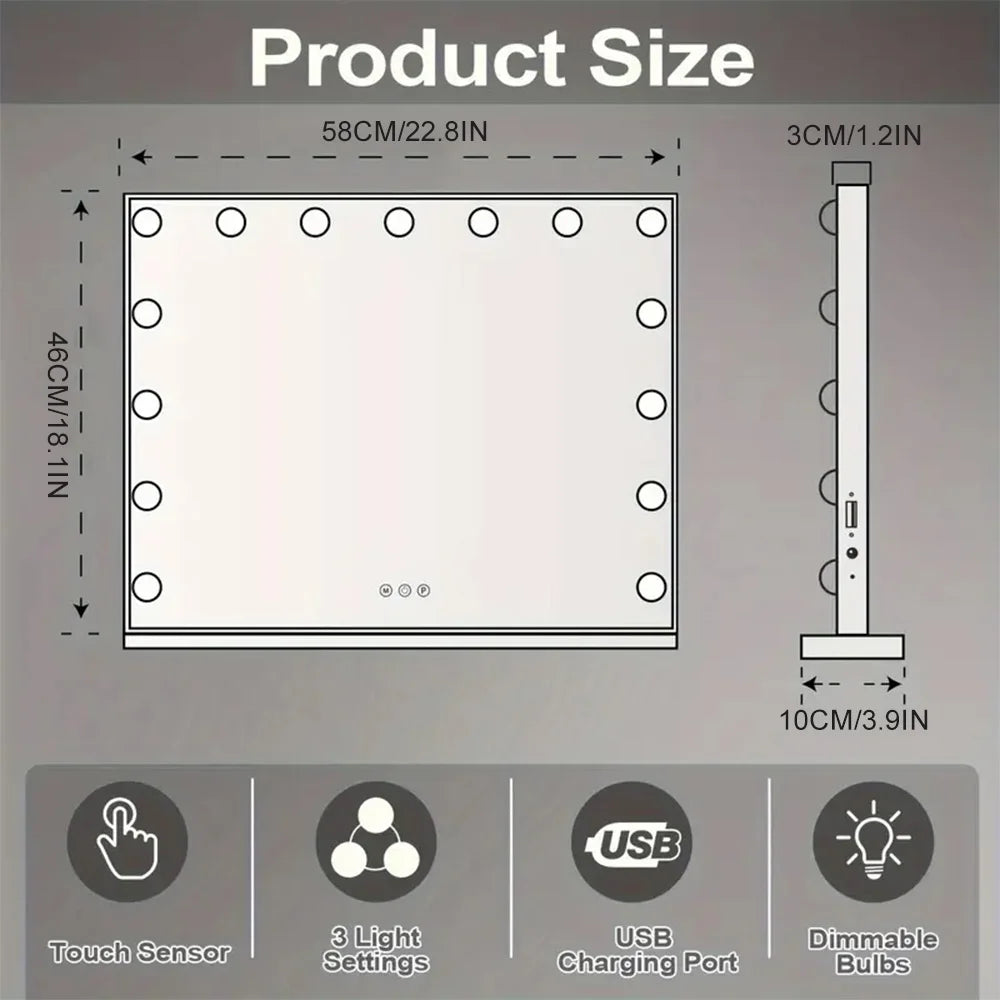 European American Style Bedroom LED Desktop Vanity Mirror 58×46cm 3 Color Modes USB Port Large Lighted with 15 Bulbs