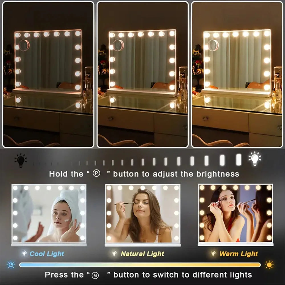 European American Style Bedroom LED Desktop Vanity Mirror 58×46cm 3 Color Modes USB Port Large Lighted with 15 Bulbs