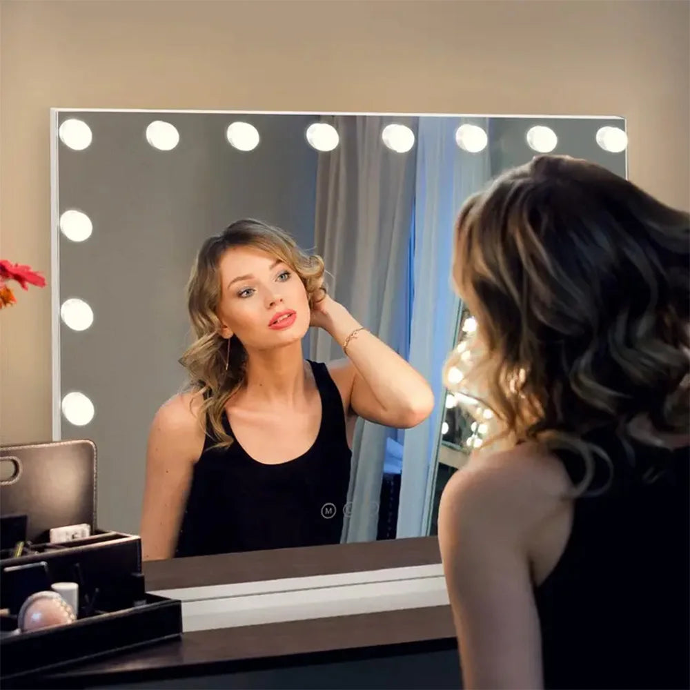 European American Style Bedroom LED Desktop Vanity Mirror 58×46cm 3 Color Modes USB Port Large Lighted with 15 Bulbs