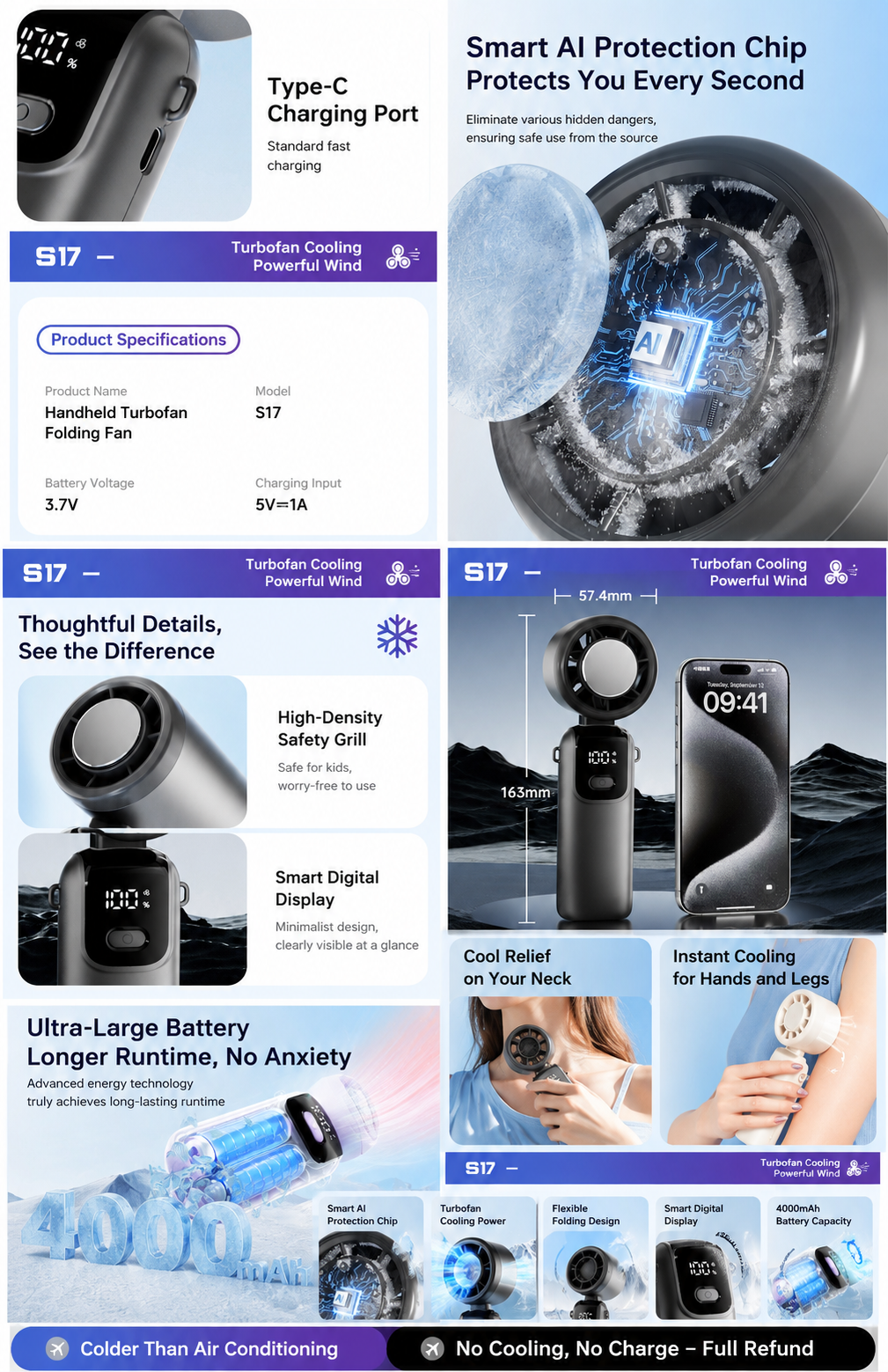 S17 Handheld Fan: Instant Cooling with Mirror Feature, 100-Speed Control, and Foldable Tabletop Design