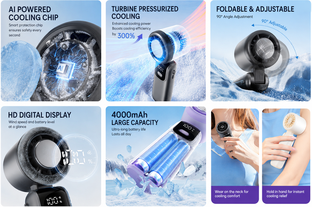 S17 Handheld Fan: Instant Cooling with Mirror Feature, 100-Speed Control, and Foldable Tabletop Design