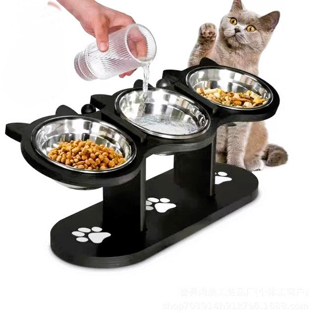 Raised Cat Bowl Stand – Wooden Elevated Feeder with 3 Stainless Steel Bowls | Comfortable Feeding for Cats & Small Dogs