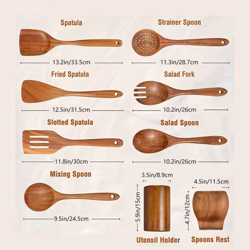 Complete Cooking Utensil Set in Teak, 5-Piece with Size Guide, Resists Warping & Stains, A Must-Have for Modern Kitchen