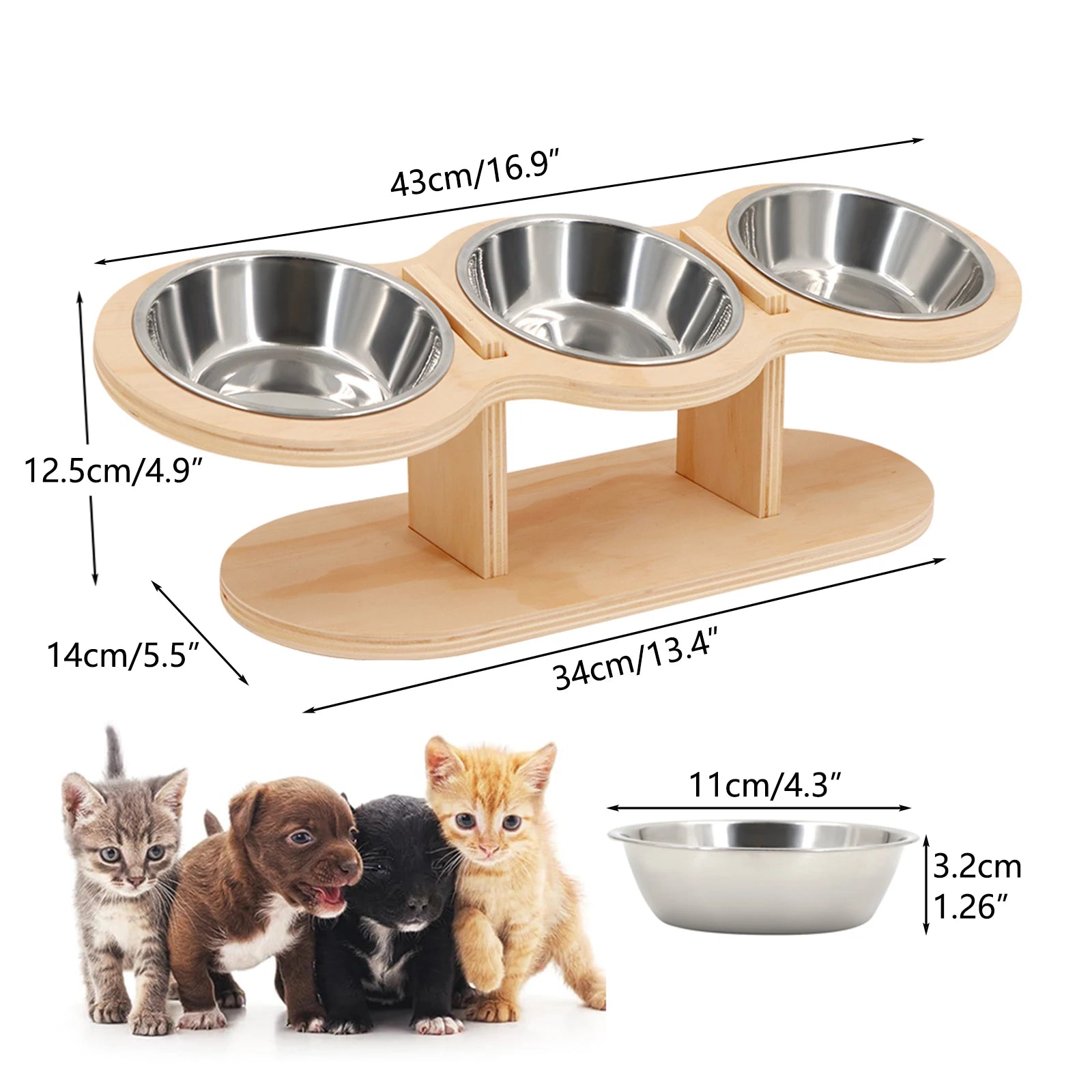 Raised Cat Bowl Stand – Wooden Elevated Feeder with 3 Stainless Steel Bowls | Comfortable Feeding for Cats & Small Dogs
