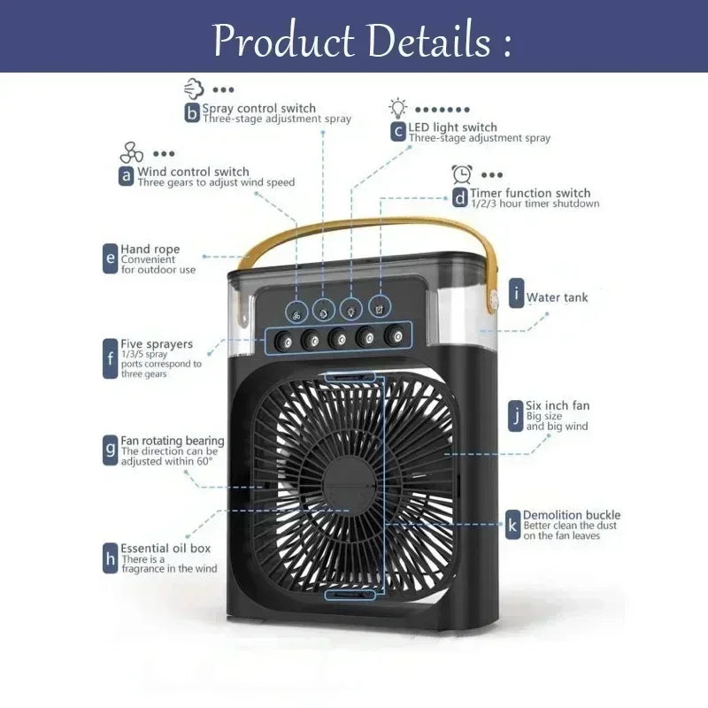 3-in-1 Portable Air Cooler Fan – Mini Air Conditioner, Humidifier & LED Night Light, Adjustable Cooling Speeds for Home, Office & Bedroom
