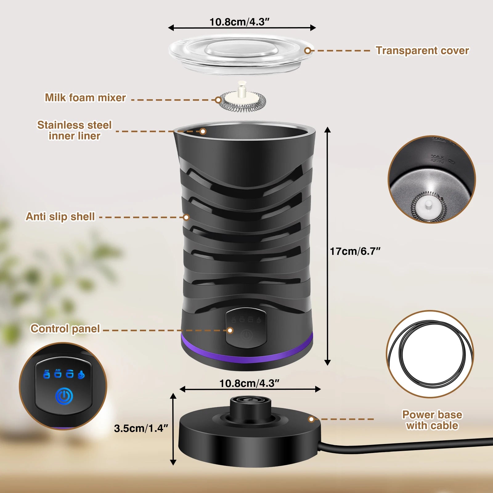 Automatic Milk Frother & Foam Maker, Stainless Steel Whisk for Lattes, Cappuccinos & Hot Chocolate - Home & Office Use