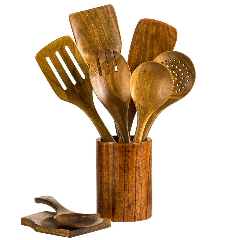 Complete Cooking Utensil Set in Teak, 5-Piece with Size Guide, Resists Warping & Stains, A Must-Have for Modern Kitchen