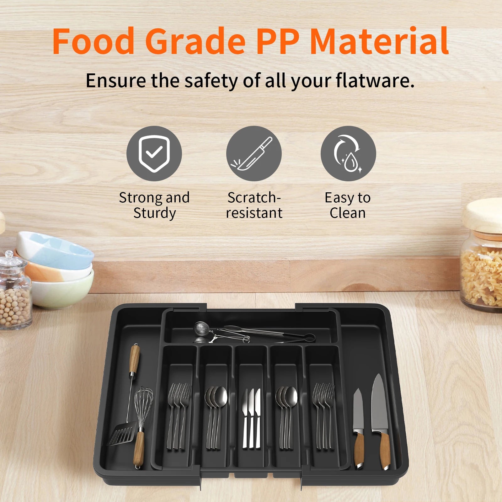 Expandable Cutlery Drawer Organiser 33–57CM – Adjustable Utensil Tray with 8 Compartments for Spoons, Forks & Knives