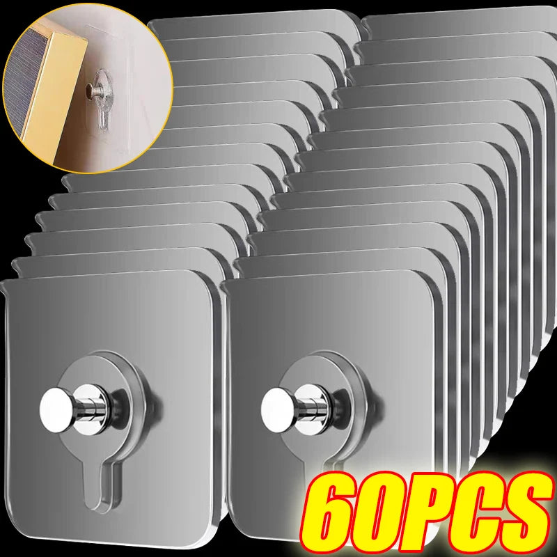 60PCS Self-Adhesive Wall Hooks – Strong Transparent Seamless Hooks for Hanging Pictures, Clocks & Home Accessories