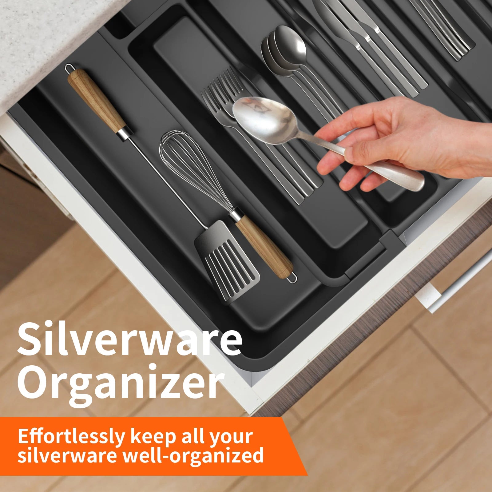 Expandable Cutlery Drawer Organiser 33–57CM – Adjustable Utensil Tray with 8 Compartments for Spoons, Forks & Knives