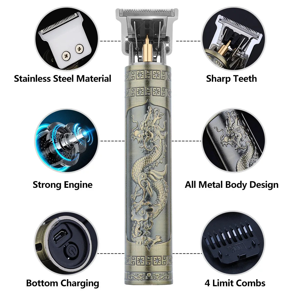 Vintage T9 Professional Hair Trimmer – Cordless USB Rechargeable Beard & Hair Clipper with Precision