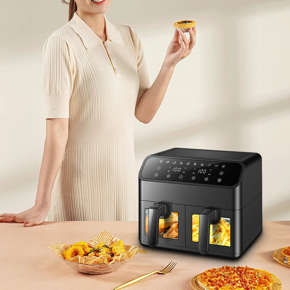 8L Dual Air Fryer – 4L+4L Double Basket with Window & Smart Controls | Cook 2 Meals at Once with Less Oil