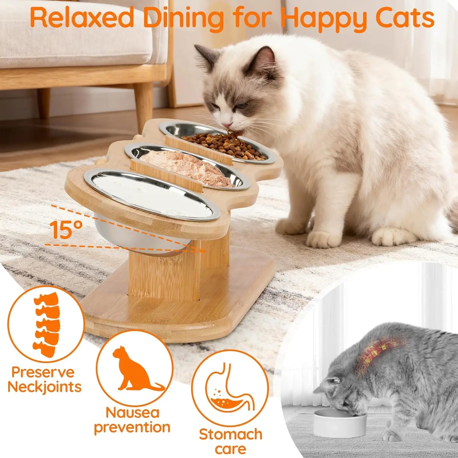 Raised Cat Bowl Stand – Wooden Elevated Feeder with 3 Stainless Steel Bowls | Comfortable Feeding for Cats & Small Dogs