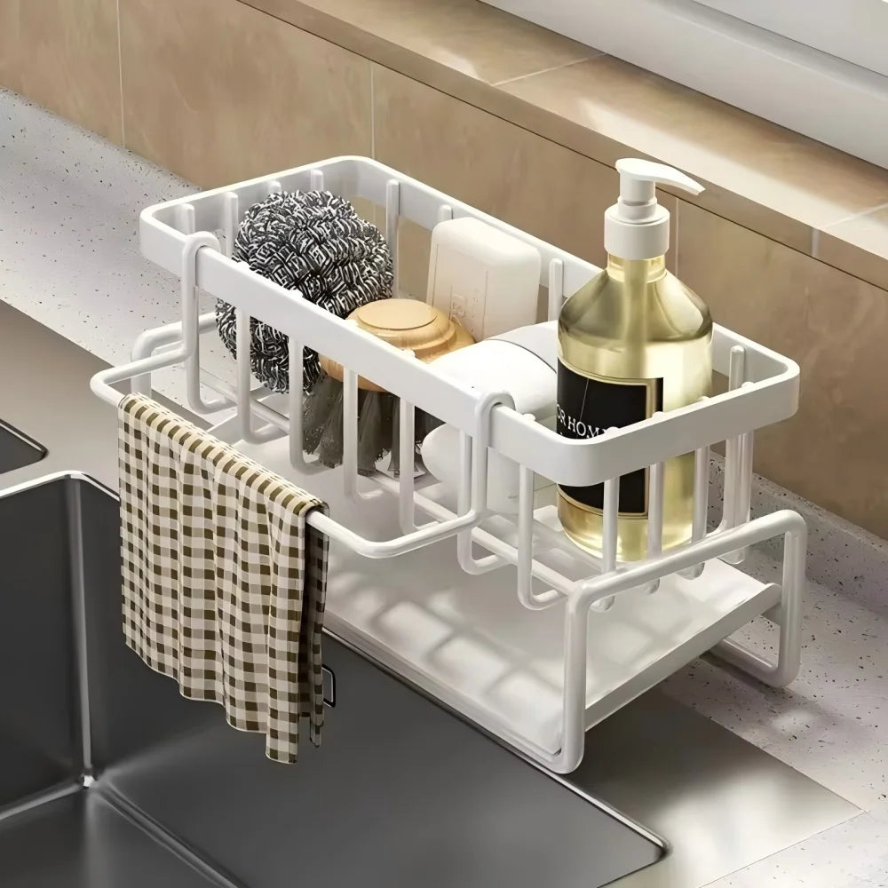 Kitchen Sink Organizer Rack with Drain Tray – Space Saving Sponge Holder for Soap, Brushes & Cloth Storage